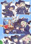  bangs belt blonde_hair blue_eyes blue_hair blush bow character_request closed_mouth commentary_request constanze_amalie_von_braunschbank-albrechtsberger diana_cavendish dress eyebrows_visible_through_hair glasses green_eyes hair_bow hat highres holding kagari_atsuko little_witch_academia long_sleeves looking_at_viewer lotte_jansson mecha multiple_girls opaque_glasses open_mouth orange_hair ponytail pouch purple_dress purple_hat red-framed_eyewear red_bow sanpaku semi-rimless_eyewear short_hair sweatdrop tama_(tama-s) under-rim_eyewear wide-eyed wide_sleeves wing_collar 