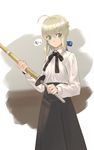  ahoge artoria_pendragon_(all) blonde_hair braid breasts fate/stay_night fate_(series) green_eyes highres holding holding_weapon korikorikori saber shinai skirt small_breasts solo sword weapon 