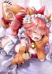  animal_ears bangs bell bell_collar blush bonnet bow breasts cat cat_day cat_hair_ornament cat_paws claws cleavage closed_eyes collar commentary_request dress eyebrows_visible_through_hair fangs fate/grand_order fate_(series) fox_ears fox_tail gloves hair_between_eyes hair_ornament hair_ribbon hane_yuki highres jingle_bell large_breasts long_hair looking_at_viewer lying on_stomach open_mouth paw_gloves paw_shoes paws pink_hair pointing ponytail purple_dress red_bow red_collar red_hair red_ribbon ribbon shoes short_sleeves simple_background solo tail tamamo_(fate)_(all) tamamo_cat_(fate) 