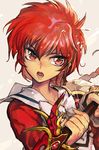  bangs collarbone fingernails hair_between_eyes hankuri holding looking_at_viewer magic_knight_rayearth multicolored multicolored_clothes open_mouth red_eyes red_hair shidou_hikaru short_hair simple_background solo 