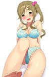  aqua_bra aqua_panties arm_behind_back arm_support barefoot blush bra breasts brown_hair cleavage commentary_request eyebrows_visible_through_hair fang hair_bobbles hair_ornament hand_on_own_chest inuyama_aoi kurogoma_(haruhi3) large_breasts long_hair looking_at_viewer nose_blush open_mouth panties side_ponytail simple_background sitting solo thick_eyebrows underwear underwear_only white_background yurucamp 