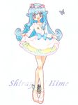  :d bare_legs blue_bow blue_eyes blue_hair bow bug butterfly character_name crossed_legs dress flipped_hair full_body happinesscharge_precure! insect long_hair looking_at_viewer nene_(oneoneo13) open_mouth precure shirayuki_hime shoes simple_background skirt_hold smile solo standing white_background white_dress white_footwear 
