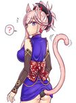  ? animal_ears ass asymmetrical_hair autumn_leaves black_panties blue_kimono blush breasts cat_ears cat_tail commentary_request detached_sleeves earrings extra_ears fate/grand_order fate_(series) japanese_clothes jewelry katana kemonomimi_mode kimono large_breasts leaf_print looking_at_viewer looking_back mabo-udon magatama miyamoto_musashi_(fate/grand_order) obi panties pink_hair ponytail sash sheath short_kimono simple_background sleeveless sleeveless_kimono solo spoken_question_mark sword tail tail_raised underwear unsheathed weapon white_background 