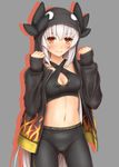  alternate_costume ass_visible_through_thighs bangs black_jacket black_pants blush breasts cleavage cleavage_cutout clenched_hands closed_mouth collarbone cowboy_shot criss-cross_halter drop_shadow eyebrows_visible_through_hair fate/grand_order fate_(series) fighting_stance flame_print grey_background halterneck hands_up highres hood hood_up hooded_jacket hozenkakari jacket kiyohime_(fate/grand_order) long_hair looking_at_viewer medium_breasts midriff navel open_clothes open_jacket pants print_jacket red_eyes silver_hair simple_background sleeves_past_wrists smile solo sports_bra standing stomach tight tight_pants very_long_hair 