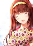  ^_^ ^o^ absurdres blush brown_hair closed_eyes commentary_request earrings facing_viewer flower hairband highres idolmaster idolmaster_million_live! idolmaster_million_live!_theater_days jewelry long_hair open_mouth ro_risu smile solo tanaka_kotoha yellow_hairband 