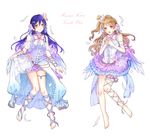  angel_wings bangs bare_shoulders barefoot blue_hair butterfly_hair_ornament commentary dress eyebrows_visible_through_hair feathered_wings feathers flower full_body grey_hair hair_between_eyes hair_flower hair_ornament long_hair looking_at_viewer love_live! love_live!_school_idol_festival love_live!_school_idol_project microphone minami_kotori multiple_girls one_side_up open_mouth ribbon shina_(sbk951121) simple_background skirt_hold sonoda_umi white_background white_wings wings x_hair_ornament yellow_eyes 