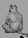  2018 anthro biped cat chubby-shark digital_media_(artwork) feline grey_background greyscale jameel male mammal monochrome nude overweight overweight_male rear_view simple_background sitting solo whiskers 