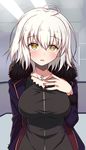  :o ahoge bangs black_dress breasts collarbone dress eyebrows_visible_through_hair fate/apocrypha fate_(series) fur-trimmed_jacket fur-trimmed_sleeves fur_trim hand_on_own_chest highres indoors jacket jeanne_d'arc_(alter)_(fate) jeanne_d'arc_(fate)_(all) jewelry large_breasts long_sleeves looking_at_viewer necklace open_clothes open_jacket open_mouth pendant purple_jacket short_hair solo tokitoki_(commando) upper_body white_hair wicked_dragon_witch_ver._shinjuku_1999 yellow_eyes 