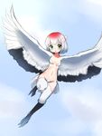  blue_sky breasts claws cloud cloudy_sky day eyebrows_visible_through_hair feathered_wings flying green_eyes harpy kai_himo looking_at_viewer monster_girl multicolored_hair navel original outdoors red_hair short_hair sketch sky small_breasts solo spread_wings talons winged_arms wings 