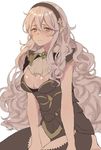  aomeeso armor black_armor black_legwear blush breasts cleavage female_my_unit_(fire_emblem_if) fire_emblem fire_emblem_if hair_ornament highres long_hair medium_breasts my_unit_(fire_emblem_if) pointy_ears red_eyes silver_hair simple_background solo tiara very_long_hair white_background 