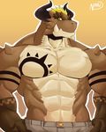  2018 abs anthro biceps clothed clothing dragon hi_res horn kemono male mammal muscular muscular_male naruever pecs tattoo topless 