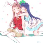  animal_ears arm_support bangs blue_hair blush bunny_ears chocore commentary_request cosplay costume_switch earrings eyebrows_visible_through_hair gloves grey_hair hair_between_eyes hug hug_from_behind jewelry kneeling korekara_no_someday long_hair looking_at_viewer love_live! love_live!_school_idol_project minami_kotori multiple_girls one_side_up open_mouth ribbon simple_background sitting sleeveless sonoda_umi star thighhighs white_background white_gloves white_legwear yellow_eyes 