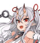  :d asanagi bare_shoulders black_neckwear black_ribbon breasts commentary_request copyright_request detached_sleeves eyebrows_visible_through_hair fangs grey_hair hand_up headpiece holding holding_weapon horns huge_breasts long_sleeves looking_at_viewer neck_ribbon oni oni_horns open_mouth pointy_ears red_eyes ribbon simple_background slit_pupils smile solo thick_eyebrows upper_body weapon white_background 
