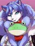 2018 amphibian black_nose blue_fur blue_hair canine clothing dipstick_tail duo eunnieverse female fox frog fur green_eyes hair hat headband krystal male mammal markings multicolored_tail naughty_face nervous nintendo short_hair signature slippy_toad smile star_fox tailband video_games white_fur 