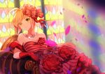  blonde_hair blush breasts cleavage couch dress elbow_gloves fate/extra fate_(series) flowers fromchawen gloves green_eyes rose saber saber_extra short_hair 