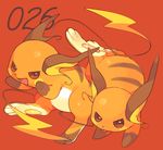  brown_eyes commentary_request fang gen_1_pokemon hideko_(l33l3b) highres looking_at_viewer no_humans open_mouth pokemon pokemon_(creature) raichu red_background simple_background smile 