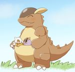  blue_sky blush cartoon_bone claws closed_eyes closed_mouth cubone day enohito fang fang_out full_body gen_1_pokemon grass kangaskhan mother_and_child no_humans open_mouth outdoors pokemon pokemon_(creature) sky smile standing 