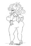  2015 anthro beauty_mark big_breasts blaziken blazimom_(smutbooru) breasts cigarette clothed clothing digital_media_(artwork) fan_character female footwear fully_clothed hair hand_on_hip hi_res high_heels huge_breasts line_art looking_at_viewer looking_back mature_female monochrome nintendo nipple_bulge object_in_mouth pok&eacute;mon pok&eacute;mon_(species) pok&eacute;morph rear_view shoes short_hair simple_background smoke smoking smutbooru solo video_games white_background wide_hips 