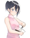  bare_arms bare_shoulders black_hair blue_eyes blush bowl chocolate closed_mouth commentary_request cooking hair_between_eyes highres holding mixing_bowl original pink_sweater ponytail short_hair simple_background sleeveless smile solo standing suzunari_shizuku sweater turtleneck white_background yuki_arare 