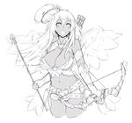  :d angel_wings arrow bangs belt between_breasts blush bow_(weapon) breasts commentary cropped_legs cupid_(monster_girl_encyclopedia) dark_skin elbow_gloves fusion gal_gohan gloves greyscale hair_between_eyes hair_ornament hairclip hat heart highres holding holding_weapon large_breasts looking_at_viewer monochrome monster_girl_encyclopedia navel okazaki_miku open_mouth quiver roresu simple_background smile solo standing weapon white_background wings 