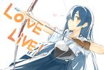 archery arrow bangs blue_hair blue_hakama bow_(weapon) commentary_request cowboy_shot drawing_bow eyebrows_visible_through_hair gloves hair_between_eyes hajime_kaname hakama hakama_skirt heart holding holding_arrow holding_bow_(weapon) holding_weapon japanese_clothes kyuudou left-handed long_hair looking_at_viewer love_live! love_live!_school_idol_project muneate partly_fingerless_gloves simple_background single_glove solo sonoda_umi text_focus weapon yellow_eyes yugake 