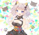  :3 :d abstract_background animal_ears bangs black_dress blue_ribbon blunt_bangs blush breasts cat_ears checkered cleavage cleavage_cutout colored_eyelashes dress eyebrows_visible_through_hair fake_animal_ears fang index_finger_raised kaguya_luna kaguya_luna_(character) kokorominton medium_breasts obi open_mouth ribbon sash short_hair short_twintails sleeveless sleeveless_dress smile solo sweatband tsurime twintails upper_body v-shaped_eyebrows w_arms white_ribbon 