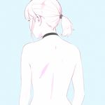  back black_choker blue_background choker commentary_request facing_away from_behind ilya_kuvshinov nude original ponytail short_hair simple_background solo upper_body 