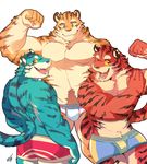  2018 anthro biceps bulge clothing feline fur ginnosuke hi_res kemono male mammal muscular one_eye_closed pecs simple_background tiger underwear wink 