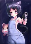  :3 ahoge aiming_at_viewer animal_ears arlly_radithia armpits bangs black_hair blush breasts cat_ears cat_girl cat_tail closed_mouth collarbone commentary_request eyebrows_visible_through_hair fang fang_out finger_on_trigger fingernails gun handgun highres holding holding_gun holding_weapon looking_at_viewer naked_overalls original outstretched_arm overalls pistol purple_eyes short_hair small_breasts solo tail tsurime weapon 