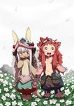  1other :3 breasts flower furry goggles goggles_on_head helmet highres holding_hands long_hair made_in_abyss mitty_(made_in_abyss) mitty_(made_in_abyss)_(furry) nanachi_(made_in_abyss) nipples red_eyes red_hair short_hair_with_long_locks small_breasts topless uchuu_ika what_if whiskers white_hair yellow_eyes 