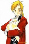  alphonse_elric animal black_shirt blonde_hair carrying cat cat_day coat conqueror_of_shambala fullmetal_alchemist gloves long_hair looking_at_viewer male_focus petting ponytail red_coat shirt simple_background smile twitter_username urikurage white_background yellow_eyes 