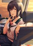  between_breasts black_hair blue_skirt blush braid brand_name_imitation breasts brown_eyes car_interior car_seat check_commentary cleavage collarbone commentary commentary_request eyebrows_visible_through_hair finger_to_mouth food french_fries highres ichikawa_feesu isonami_(kantai_collection) kantai_collection mcdonald's medium_breasts midriff open_mouth pleated_skirt pocky school_uniform serafuku short_sleeves skirt solo steering_wheel sunset twin_braids 