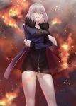  ahoge black_dress blue_cape cape crossed_arms dress eyebrows_visible_through_hair fate/grand_order fate_(series) from_below hair_between_eyes highres jeanne_d'arc_(alter)_(fate) jeanne_d'arc_(fate)_(all) lip-mil looking_at_viewer parted_lips short_dress silver_hair smile solo standing wicked_dragon_witch_ver._shinjuku_1999 yellow_eyes 