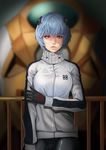  arm_across_chest arm_at_side ass_visible_through_thighs ayanami_rei bangs black_bodysuit blue_hair blurry bodysuit bodysuit_under_clothes breasts cameltoe closed_mouth cowboy_shot depth_of_field dereiope eva_00 evangelion:_3.0_you_can_(not)_redo expressionless eyebrows_visible_through_hair eyelashes gloves headgear highres holding_arm indoors jacket lips long_sleeves looking_at_viewer mecha medium_breasts neon_genesis_evangelion number pilot_suit railing rebuild_of_evangelion red_eyes short_hair single_vertical_stripe solo standing track_jacket turtleneck white_jacket 