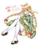  :d animal_ears bangs black-framed_eyewear black_footwear blonde_hair blush bow braid breasts calligraphy_brush cat_ears cat_girl cat_tail commentary_request dated eyebrows_visible_through_hair full_body glasses green_eyes green_hakama green_kimono hair_between_eyes hair_bow hair_ornament hairclip hakama hakama_skirt holding holding_paintbrush japanese_clothes kimono long_hair low_twintails mashiro_aa open_mouth original paintbrush print_kimono red_bow simple_background small_breasts smile solo tabi tail thighhighs twin_braids twintails upper_teeth very_long_hair white_background white_legwear yagasuri zouri 