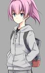  akane_souichi backpack bag bangs black_shirt blue_eyes cat_zipper ears_visible_through_hair eyebrows_visible_through_hair grey_background grey_pants grey_sweater hair_between_eyes hands_in_pockets hood hood_down hooded_sweater kantai_collection looking_at_viewer pants pink_hair ponytail shiranui_(kantai_collection) shirt simple_background solo standing sweater zipper zipper_pull_tab 