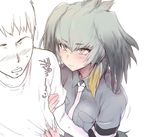  1girl arm_grab blush breast_press clinging commentary eyebrows_visible_through_hair faceless faceless_male grey_hair grey_shirt higata_akatsuki kemono_friends necktie shirt shirt_grab shoebill_(kemono_friends) tears wavy_mouth white_neckwear yellow_eyes 