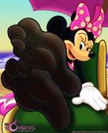  2017 4_toes anthro barefoot beach black_nose bow clothing disney english_text feet female foot_focus gloves hi_res humanoid_feet mammal minnie_mouse mouse open_mouth outside rodent sand seaside sir-bombers_(artist) sitting smile soles solo text toes tongue water 