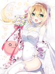  :d anzu_(sumisaki_yuzuna) bare_shoulders blonde_hair blush bouquet bow breasts bridal_veil bride cherry_blossoms china_dress chinese_clothes cleavage cleavage_cutout dress elbow_gloves eyebrows_visible_through_hair flower gloves green_eyes holding holding_bouquet long_hair looking_at_viewer medium_breasts open_mouth original petals pig pink_bow smile solo sumisaki_yuzuna veil white_dress white_gloves white_legwear 