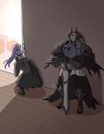  2boys armor assassin_(fate/zero) bandaged_arm bandages black_cloak black_pants eiri_(eirri) fate/grand_order fate_(series) female_assassin_(fate/zero) glowing glowing_eyes grey_skirt hands_on_hilt horns indoors king_hassan_(fate/grand_order) long_hair multiple_boys pants purple_hair seiza sitting sitting_on_person skirt skull spikes standing sword true_assassin very_long_hair weapon wooden_floor 