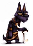  anthro anubis black_eyes black_fur cane canine clothed clothing cryptid-creations deity dog egyptian_clothing fur grumpy male mammal old scottish_terrier simple_background solo white_background 