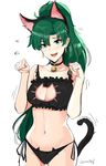  animal_ears ass_visible_through_thighs bangs bare_arms bare_shoulders bell bell_choker black_bra black_choker black_hairband blush bra breasts cat_cutout cat_day cat_ear_panties cat_ears cat_lingerie cat_tail choker cleavage_cutout collarbone cowboy_shot eyelashes fake_animal_ears fire_emblem fire_emblem:_rekka_no_ken flying_sweatdrops frilled_bra frills green_eyes green_hair hairband hands_up high_ponytail highres jingle_bell long_hair looking_at_viewer lyndis_(fire_emblem) medium_breasts meme_attire motion_lines navel ormille panties paw_pose ponytail side-tie_panties simple_background standing stomach tail twitter_username underwear white_background 