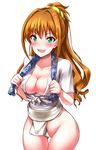  :d blush breasts brown_hair cleavage collarbone cowboy_shot eyebrows_visible_through_hair fundoshi green_eyes groin hair_between_eyes hair_ornament hair_scrunchie high_ponytail highres hino_akane_(idolmaster) holding idolmaster idolmaster_cinderella_girls japanese_clothes looking_at_viewer medium_breasts open_mouth scrunchie simple_background smile solo standing tango_(tn500) white_background yellow_scrunchie 