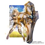  armor armored_boots artist_name blonde_hair boots breasts cleavage company_name faulds full_body genjin gloves grass green_eyes headband medium_breasts midriff official_art polearm shield simple_background sky solo spear valkyrie_connect weapon white_background 