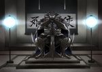  armor black_cloak eiri_(eirri) fate/grand_order fate_(series) glowing glowing_eyes hands_on_hilt horns indoors king_hassan_(fate/grand_order) lamp looking_at_viewer male_focus sitting skull solo spikes sword weapon 
