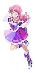  aikatsu!_(series) aikatsu_friends! blue_eyes boots bow choker chouno_maika closed_mouth dress elbow_gloves gloves hair_bun high_heel_boots high_heels long_hair looking_at_viewer official_art pink_hair purple_bow purple_dress smile wavy_hair white_background 