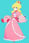  blonde_hair crown dress earrings eyes_closed full_body gen_1_pokemon hand_on_another&#039;s_head higa423 highres jewelry jigglypuff kirby long_hair looking_to_the_side nintendo petting pink_dress princess_peach simple_background sitting sleeping sleepy super_smash_bros. teal_background 