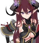  bangs bare_shoulders blush breasts closed_mouth commentary_request detached_sleeves flower gem hair_between_eyes hair_flower hair_ornament horns large_breasts long_hair looking_at_viewer maruchi pointy_ears red_hair simple_background solo underboob upper_body very_long_hair white_background 