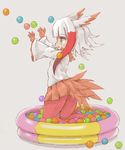  ass ball ball_pit bangs bird_tail bird_wings commentary_request eyebrows_visible_through_hair gloves head_wings highres japanese_crested_ibis_(kemono_friends) kemono_friends kemono_friends_pavilion kneeling kolshica long_sleeves multicolored_hair pantyhose playground_equipment_(kemono_friends_pavilion) playing pleated_skirt reaching_out short_hair_with_long_locks skirt wings 