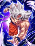  artist_name blue_background clenched_hand commentary_request dirty dougi dragon_ball dragon_ball_super fighting_stance fingernails frown grey_eyes grey_hair highres image_sample looking_at_viewer male_focus muscle open_mouth outstretched_arms purple_background serious shaded_face shirtless short_hair silver_eyes silver_hair simple_background solo son_gokuu spiked_hair spoilers tarutobi translation_request twitter_sample twitter_username ultra_instinct watermark wristband 